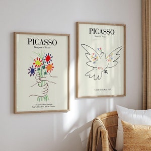 Set of 2 framed Picasso wall art prints: flower bouquet and peace dove line art