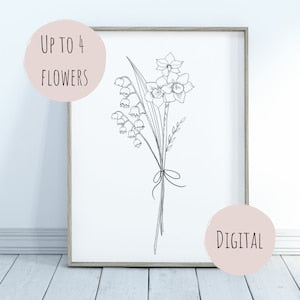 Framed black-and-white birth flower sketch, line-art bouquet with up to 4 flowers text