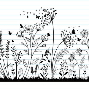 Wildflower cut file with black outline blooms and butterflies, vine details