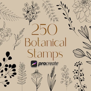 Botanical stamp set for Procreate with floral line art, 250 stamps