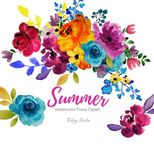 Watercolor floral clipart featuring bright flowers, leaves, and 'Summer' text