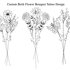Birth flower bouquet tattoo design in black outline, with stems and clustered blooms