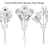 Custom 3 Birth Flower Bouquet with Names, Family Birth Month Tattoo Design, Up to 3 Flowers, Family Bouquet Tattoo Design, Flower Tattoo Art