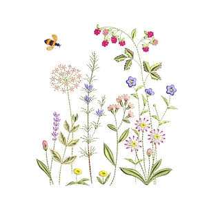 Floral machine embroidery design with wildflowers and a small butterfly, multicolor