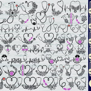 Floral stethoscope SVG cut file pattern with black stethoscopes, hearts, and pink flower icons
