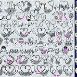 Floral stethoscope SVG cut file pattern with black stethoscopes, hearts, and pink flower icons