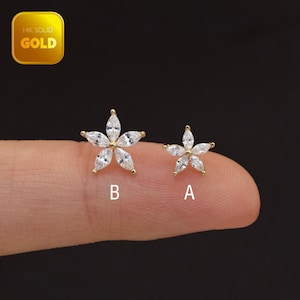 14k solid gold flower CZ stud earrings, five-petal star shape, flat-back