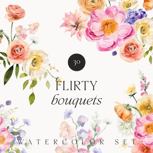 Watercolor floral bouquet illustration with mixed pastel flowers and leaves