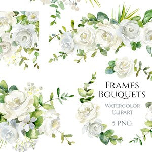 Watercolor floral frame with white roses and green eucalyptus leaves, wedding bouquet clipart