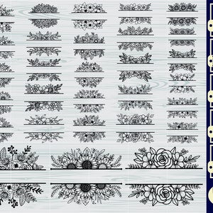 Floral frame SVG with split floral borders and corner ornaments, black line art