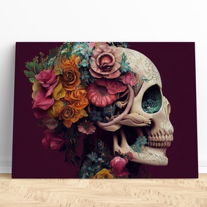 Floral sugar skull canvas wall art with multicolor roses and cream skull