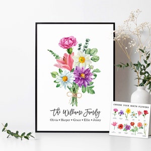 Personalized watercolor flower bouquet print with pink, yellow, and purple blooms, framed