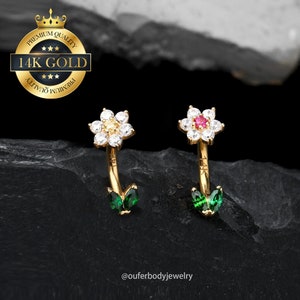 14k gold flower curved barbell cartilage earrings with pink and green leaf stones, pair