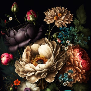 Vintage flower bouquet with large peony and daisy blooms, multicolor