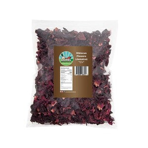 Dried hibiscus flowers in resealable pouch, dark maroon petals