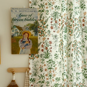 Washed linen curtain panel with green and red wildflower botanical print