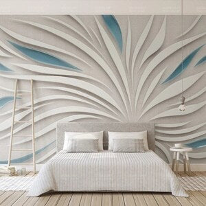 3D peel-and-stick wall mural with white and blue layered flower petal design