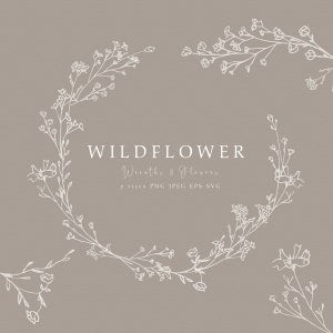 Wildflower hand-drawn line art wreath border with baby's breath flowers and text