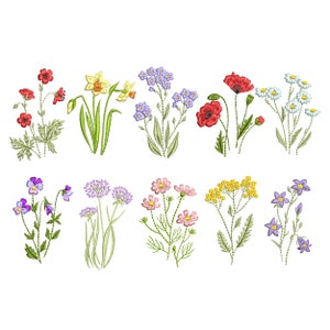 Botanical flower machine embroidery design set with daffodil, poppy, and wildflowers