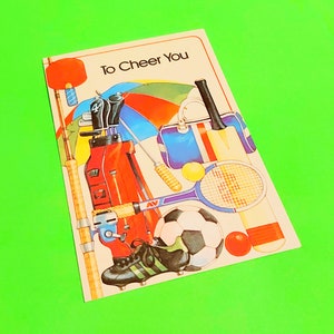 Retro sports get well greeting card with colorful equipment collage and 'To Cheer You' text