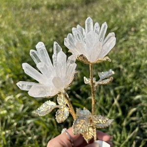 Clear quartz crystal flower cluster with gold tone base, natural mineral specimen