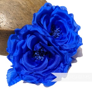 Bright blue double rose silk fascinator flower hat mount with layered petals