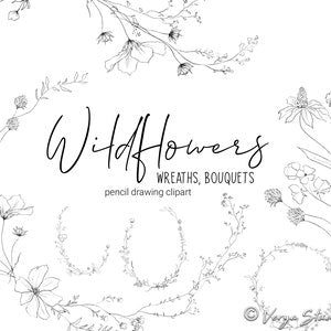 Floral line art clipart sheet with wildflower wreaths and bouquets, pencil style