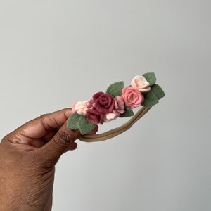 Felt floral crown headband with blush and rose pink flowers and green leaves