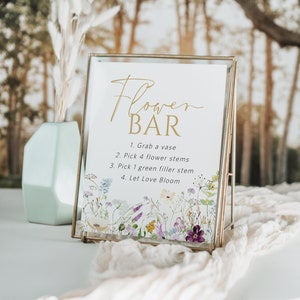 Floral bar sign reading Flower BAR with numbered bouquet steps, white with gold frame