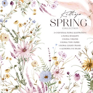Watercolor floral spring illustrations with wildflowers and delicate flowers