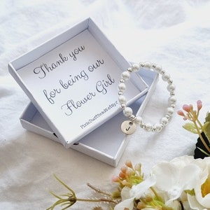 Pearl bead flower girl bracelet with heart charm, gift box and message card