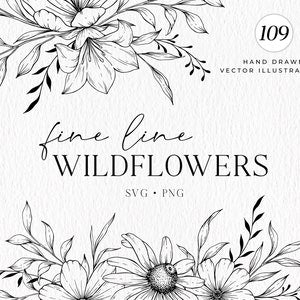 Fine line wildflowers botanical line art with leaves and flowers, circular layout