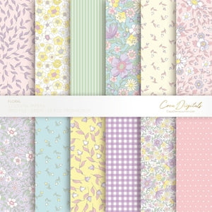 Floral digital paper pack with ditsy seamless patterns in lilac, yellow, blue, pink