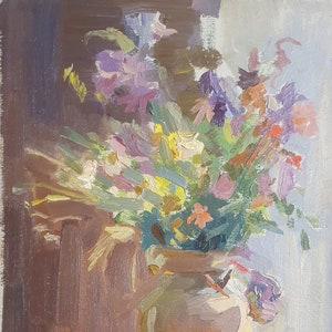 Original oil painting of colorful flowers with impasto brushstrokes on canvas