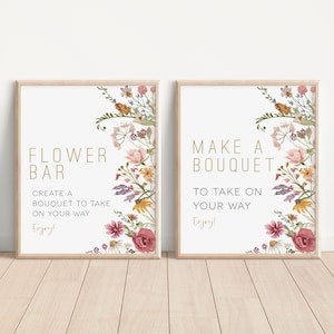 Floral bouquet bar sign printable set with framed cards: 'FLOWER POWER' and 'MAKE A BOUQUET'