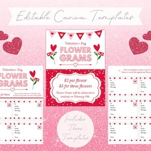 Valentine's Day flower gram card template bundle, editable Canva layout with hearts