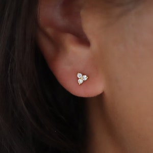 3 Leaf Clover flower Studs, tiny dainty flower CZ, 18k gold sterling silver tiny stud earrings, cartilage stud, gift for her, gift ready