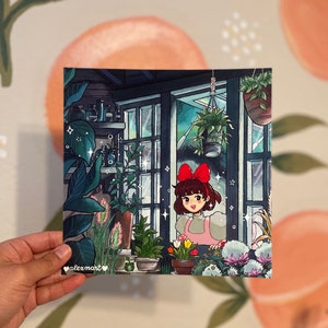 Cute greenhouse illustration print with a red-haired girl by plants and windows