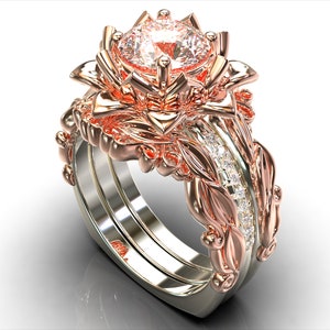 Rose gold floral engagement ring with round center stone and leaf-pattern band