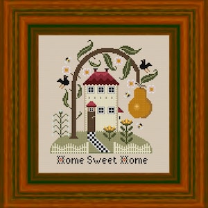 Cross stitch pattern PDF with house and greenery design reading “Home Sweet Home”