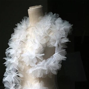 White 3D tulle floral applique trim on organza base, layered ruffled motif