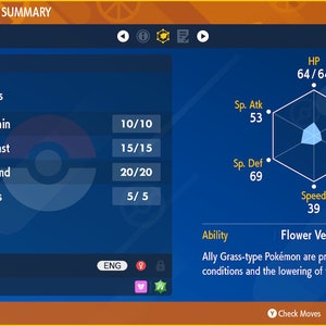Pokémon Scarlet/Violet Florges summary screen with IV stats and ability details