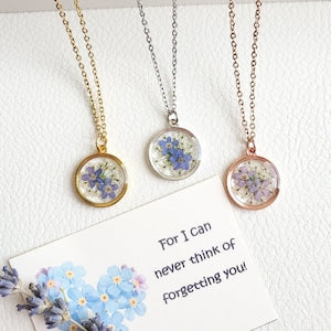 Pressed-flower resin pendant necklace with gold, silver, or rose chain