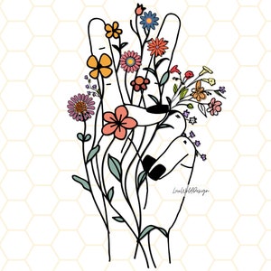 Flower peace sign hand graphic with colorful blooming stems on white