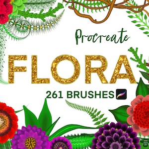 Floral procreate brush pack cover with purple flowers, red blooms, and 261 brush text