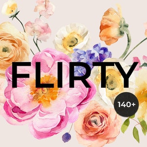 Watercolor floral clipart featuring pink, orange, and blue watercolor flowers