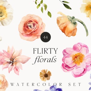 Watercolor floral clipart set with pink and peach flowers, green leaves, and “Flirty florals” text