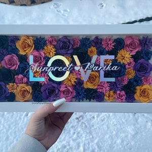 Floral shadow box gift with colorful rose border and gold name text on front