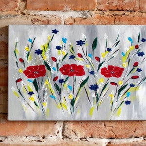 Red poppy acrylic wall painting on canvas with blue wildflowers and white stems