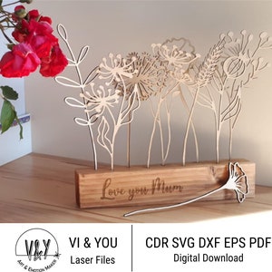 Laser-cut floral wood models set of 10, white tree shapes on wooden base